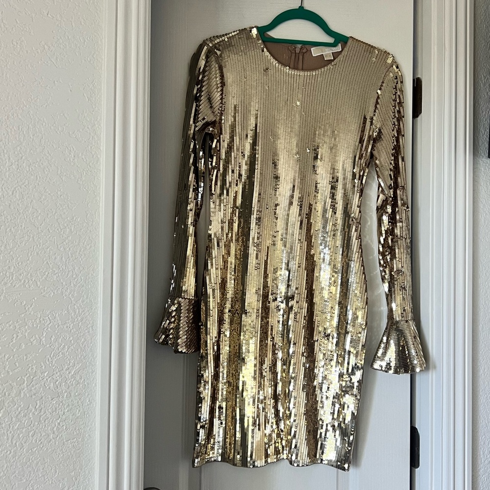 Michael Kors Gold Sequin Long Sleeve Dress